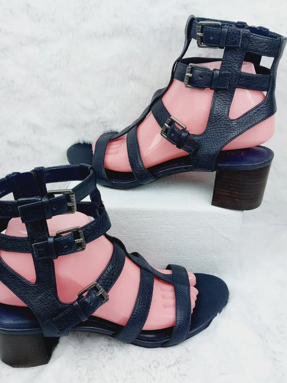 Lauren Ralph Lauren Women's Navy Triple Buckle Heeled Gladiator Sandal Size 9B